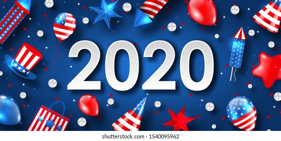 New Year 2020 with National Colors of USA American Flag. Greeting Poster
