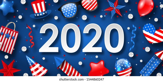 New Year 2020 with National Colors of USA American Flag. Celebration Banner - Illustration Vector