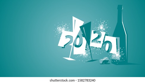 New Year 2020 negative space modern hipster design two glasses champagne bottle trendy sea green background