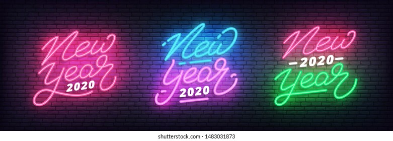 New Year 2020 neon. Set of glowing neon holiday New Year lettering labels.