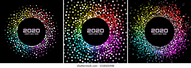 New Year 2020 Night Background Party Set. Greeting Cards. Rainbow Glitter Paper Confetti. Glistening Festive Rainbow Lights. Glowing Circle Frame Happy New Year Wishes. Christmas Collection. Vector 