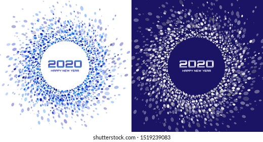New Year 2020 night background party set. Greeting cards. Blue glitter paper confetti. Glistening festive lights. Glowing circle frame happy new year wishes. Christmas blue white backdrops. Vector 