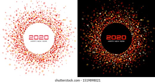 New Year 2020 night background party set. Greeting cards. Red glitter paper confetti. Glistening festive lights. Glowing circle frame, happy new year wishes. Christmas red white backdrops. Vector 
