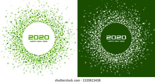 New Year 2020 night background party set. Greeting cards. Green glitter paper confetti. Glistening festive lights. Glowing circle frame happy new year wishes. Christmas green white backdrops. Vector 