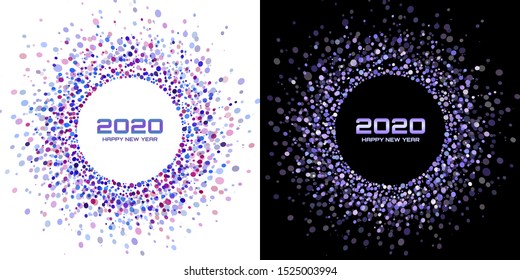 New Year 2020 night background party set. Greeting cards. Violet glitter paper confetti. Glistening festive lights. Glowing circle frame, happy new year wishes. Christmas violet backdrops. Vector 