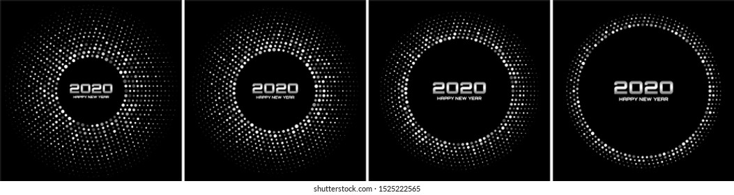 New Year 2020 night background party set. Greeting cards. Silver glitter paper confetti. Glistening silvery festive lights. Glowing circle frame happy new year wishes. Christmas  collection. Vector 
