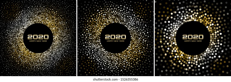 New Year 2020 night background party set. Greeting cards. Gold glitter paper confetti. Glistening silver festive lights. Glowing circle frame happy new year wishes. Christmas gold collection. Vector 