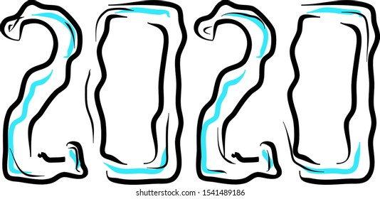 New Year 2020, number and decor. 2020 illustration hand drawn. Symbol, icon vector