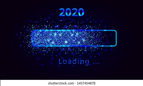 New Year 2020 numbers with magic loading progress bar, blue glitter and sparkles. Template design for holiday web banner, poster, wallpaper, carnival, greeting card or invitation, end of year.

