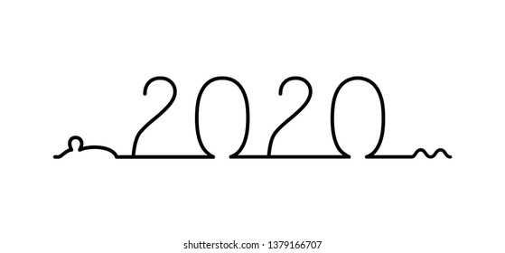 New year 2020 one line illustration. Vector illustration is isolated on white background. Illustration of rat and new year 2020 in minimalism style. Can be used for print, as postcard, greeting card.