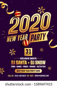 New Year 2020 Party Template or Flyer Design with Baubles and Golden Snowflakes Decorated on Purple Background.
