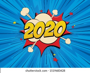 New Year 2020 pop art comic background lightning blast halftone dots. Cartoon Vector Illustration on blue