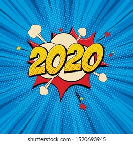 New Year 2020 pop art comic background lightning blast halftone dots.