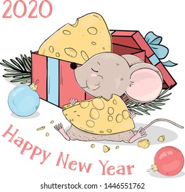 New year 2020. Postcard with a funny little mouse with cheese, gift box and Christmas balls. Colorful vector illustration in sketch style. Year of rat.