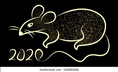 New Year 2020 postcard with the rat with gold dust and black background