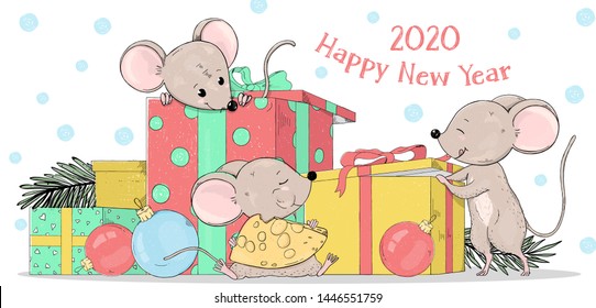 New year 2020. Postcard with three funny mice with gift boxes and Christmas balls. Colorful vector illustration in sketch style. Year of rat.