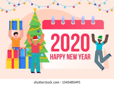 New Year 2020 poster. Group of people stand near big calendar 2020 and celebrate New Year. Poster for social media, web page, banner, presentation. Flat design vector illustration