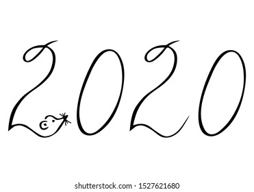 New Year 2020. Year of the rat. Eastern calendar. Chinese New Year. Isolated object on a white background. Eastern zodiac. Hand drawing. Cute rat. Mouse. Inscription.