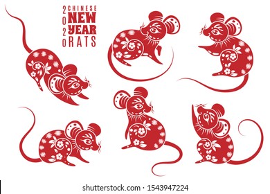 New year 2020 rat. Red rats with asian pattern elements. Chinese astrological holiday symbol for creative zodiacal calendar vector abstract asia astrology mouse set