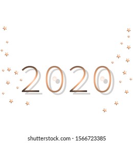 New year 2020 rose gold sign decorated with metallic stars. Isolated on white background. Copy space for text. Elegant party concept. Template for promo leaflet or invitation. Luxury numbers. Vector
