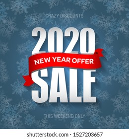 New Year 2020 Sale Badge, Label, Promo Banner Template. New Year Offer Text On Ribbon. Crazy Discounts