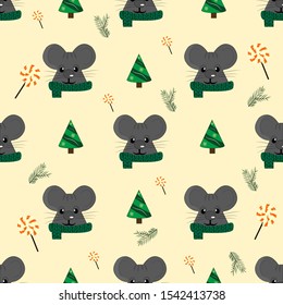 New Year 2020 seamless pattern. Gray mouse in a green knitted scarf, Background with a festive rat and a Christmas tree. with candies and sweets. Print gift wrapping, wrappers