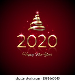 New Year 2020. Shiny golden 2020 with ribbon on red background. New Year design for invitation, greeting card, calendar. Party event decoration. Shiny gold logo. Holiday greeting card, vector