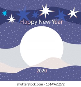 New Year 2020 shiny greeting card with golden stars on dark blue sky, snow, golden letters and place for message