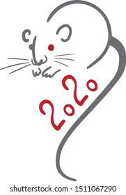 New year 2020 sign. Vector simple hand drawn rat with red eye and numbers. Vector design element.
