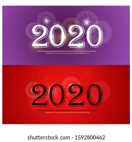 New Year 2020 with sparkle firework. Purple design. Red design. Happy New Year 2020 logo text design. Brochure design template, card, banner. Vector illustration. Luxury text 2020 