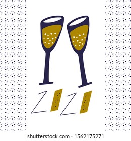 New year 2020. Two glasses with sparkling wine. Celebrating New year with champagne. New year party invitation- Vector