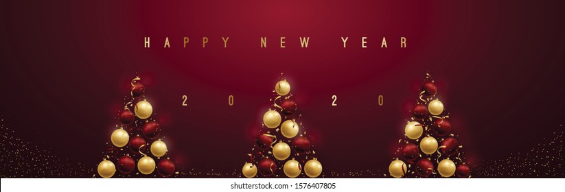 New Year 2020 vector banner. 3 Abstract Christmas trees in the form of 3d realistic baubles in gold and dark red color. 