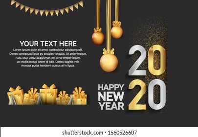 New Year 2020 Vector Design with gold and silver color and hanging ball, ribbon, and gift box.