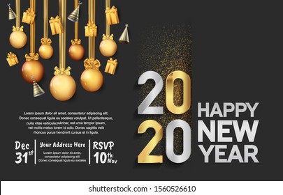 New Year 2020 Vector Design with silver and gold color, hanging ball, gift box and hat party