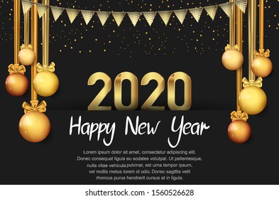 New Year 2020 Vector Design gold color with, ribbon, hanging ball, and glitter