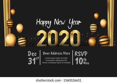 New Year 2020 Vector Design gold color with balloons on black background