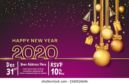 New Year 2020 Vector Design with purple background for celebration