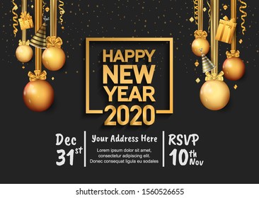 New Year 2020 Vector Design for invitation card isolated on black background