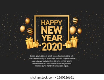 New Year 2020 Vector Design golden color with square, gift box, balloons and glitter