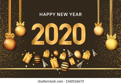 New Year 2020 Vector Design golden color with hanging ball, party element and glitter