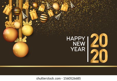 New Year 2020 Vector Design golden color, glitter, hanging ball, gift box isolated on brown background