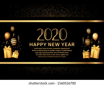 New Year 2020 Vector Design with gift box, balloons, isolated on black background