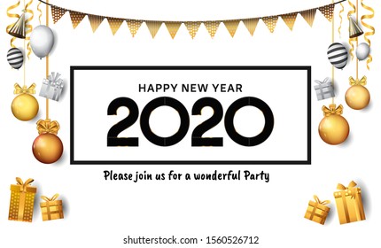 New Year 2020 Vector Design with square, party element and white background