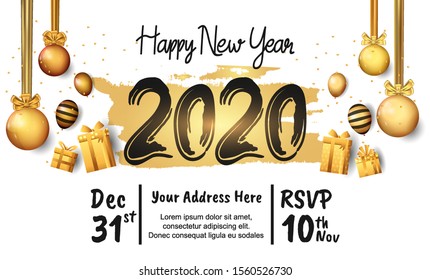 New Year 2020 Vector Design with golden brush and white background