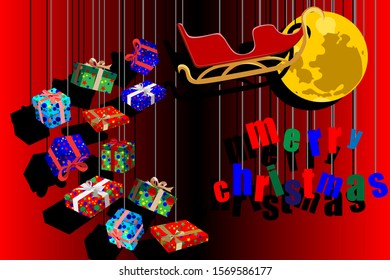 The new year 2020. Vector design. The image of a sleigh and Christmas gifts hanging on the ropes with the shadows. Poster and flyer for the winter holidays. Vector image.