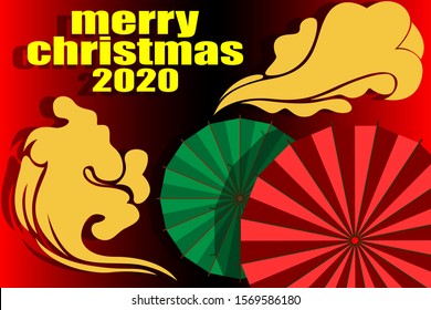 The new year 2020. Vector design. Image of Chinese umbrellas and clouds carried by the wind. Poster and flyer for the winter holidays. Vector image.