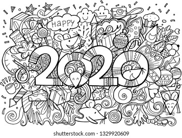 New Year 2020 vector doodle sign cartoon style, cute doodles hand drawn 2020 year