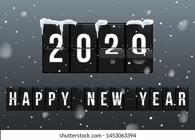 New Year 2020 vector greeting card template. Changing 2019 to 2020 in flipboard calendar flat illustration. Decorative snowflakes on black background. Happy wishes vintage banner, poster design layout