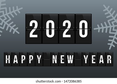 New Year 2020 vector greeting card template. Changing 2019 to 2020 in flipboard calendar flat illustration. Decorative snowflakes on black background. Happy wishes vintage banner, poster design layout