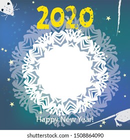 New year 2020 vector greeting card template with white mouse - symbol of the year
